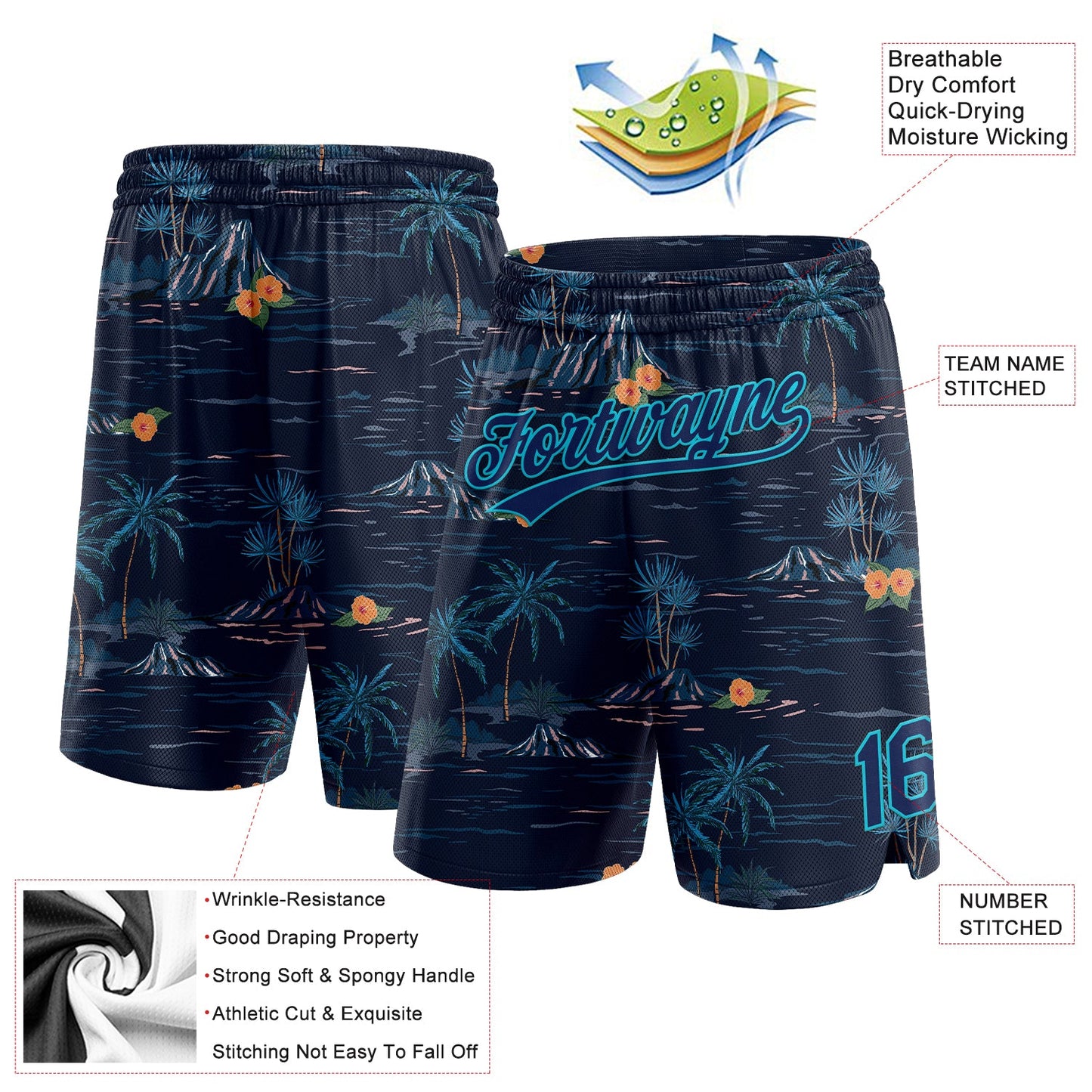 Custom Navy Lakes Blue 3D Pattern Hawaii Palm Trees And Island Authentic Basketball Shorts view 2