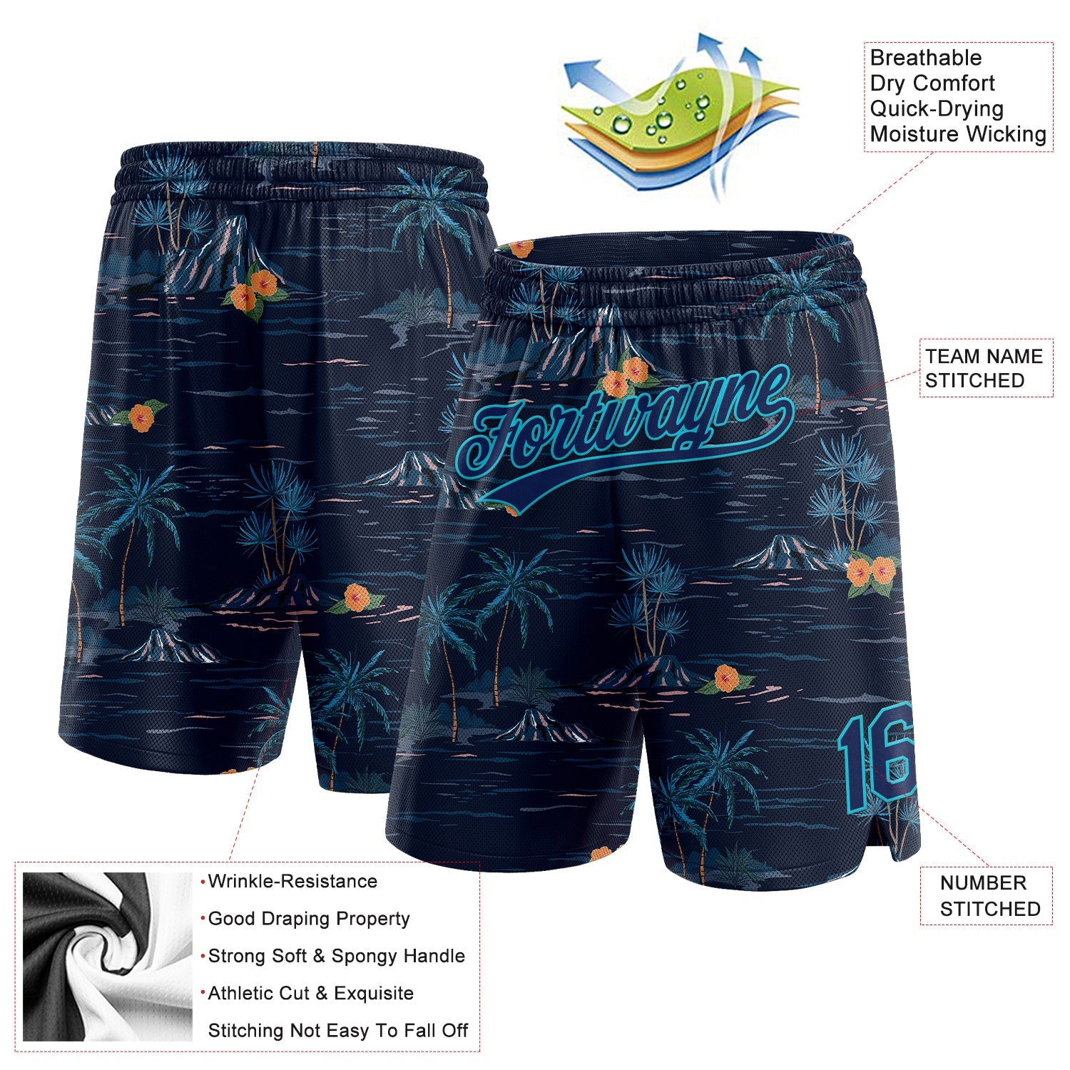 Custom Navy Lakes Blue 3D Pattern Hawaii Palm Trees And Island Authentic Basketball Shorts view 2