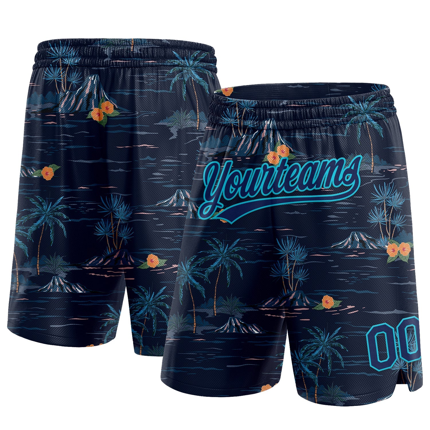 Custom Navy Lakes Blue 3D Pattern Hawaii Palm Trees And Island Authentic Basketball Shorts - Main View