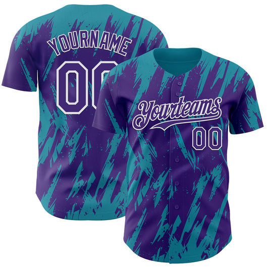 Custom Purple White-Teal Splatter Torn Sharp Brush Stroke Authentic Baseball Jersey - Main View