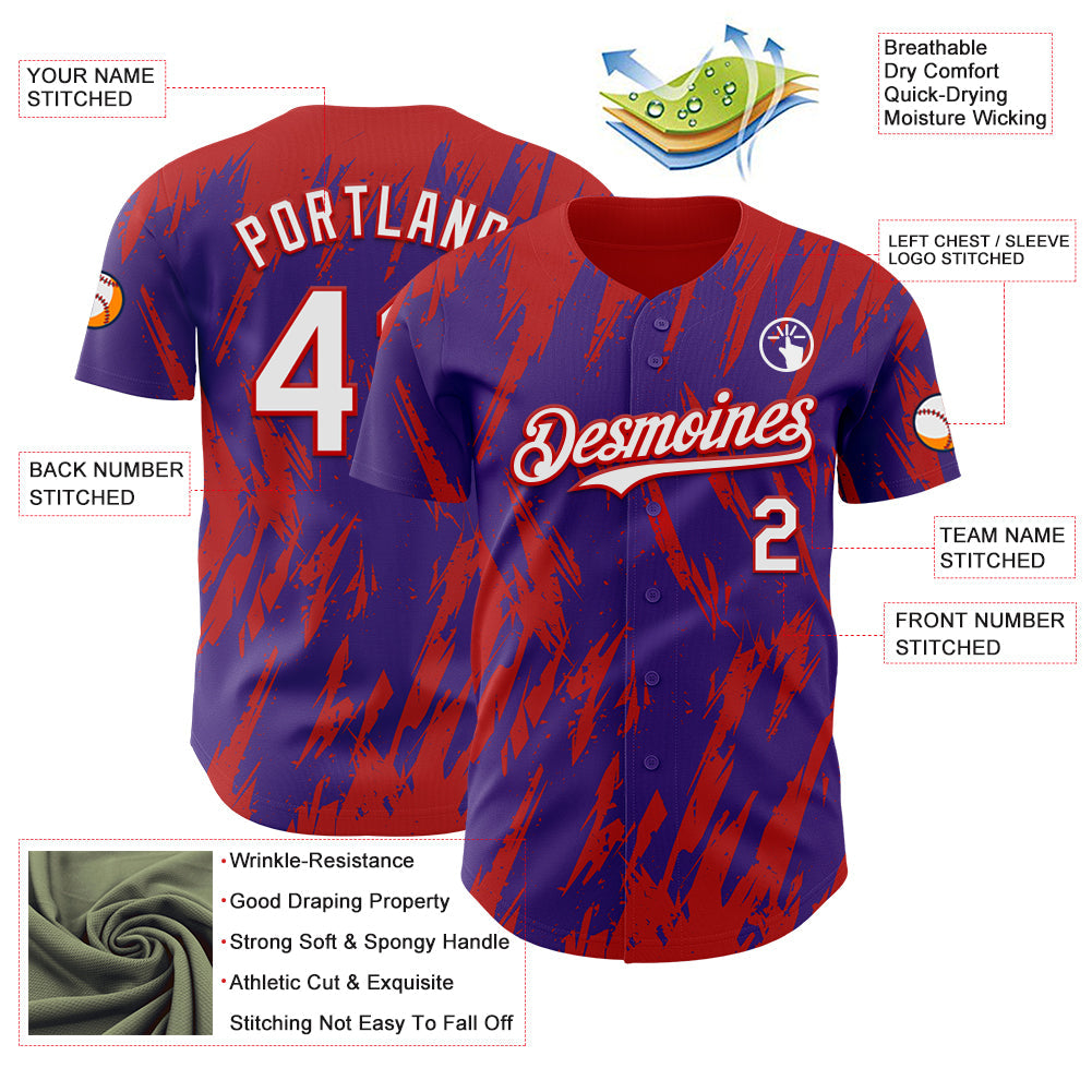 Custom Purple White-Red Splatter Torn Sharp Brush Stroke Authentic Baseball Jersey view 3