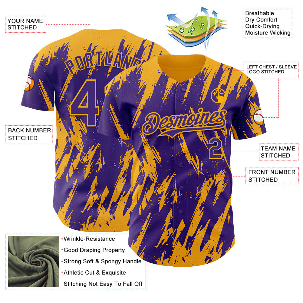 Custom Purple Gold Splatter Torn Sharp Brush Stroke Authentic Baseball Jersey view 3