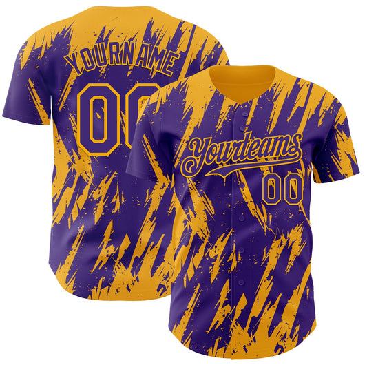 Custom Purple Gold Splatter Torn Sharp Brush Stroke Authentic Baseball Jersey - Main View