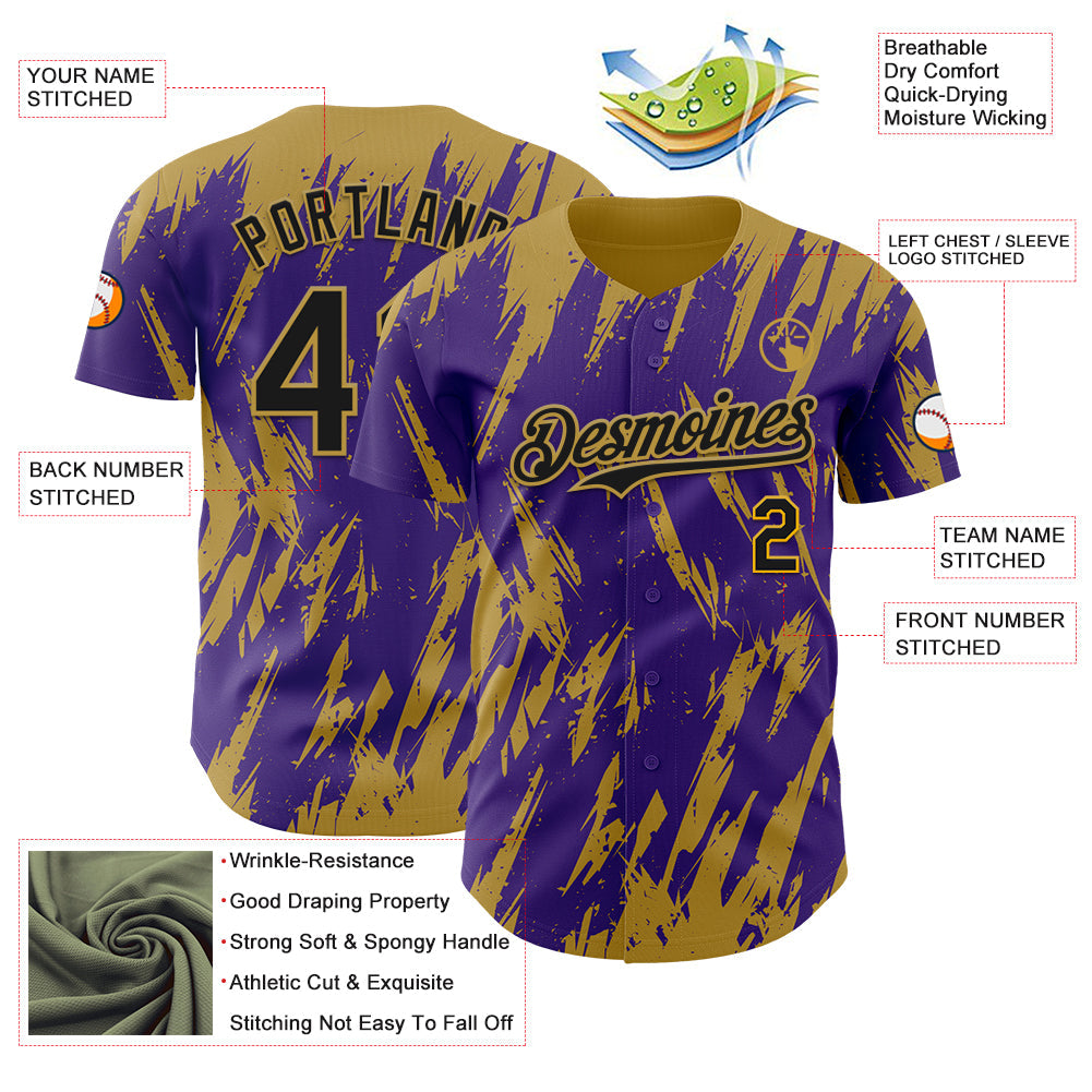 Custom Purple Old Gold Splatter Torn Sharp Brush Stroke Authentic Baseball Jersey view 3