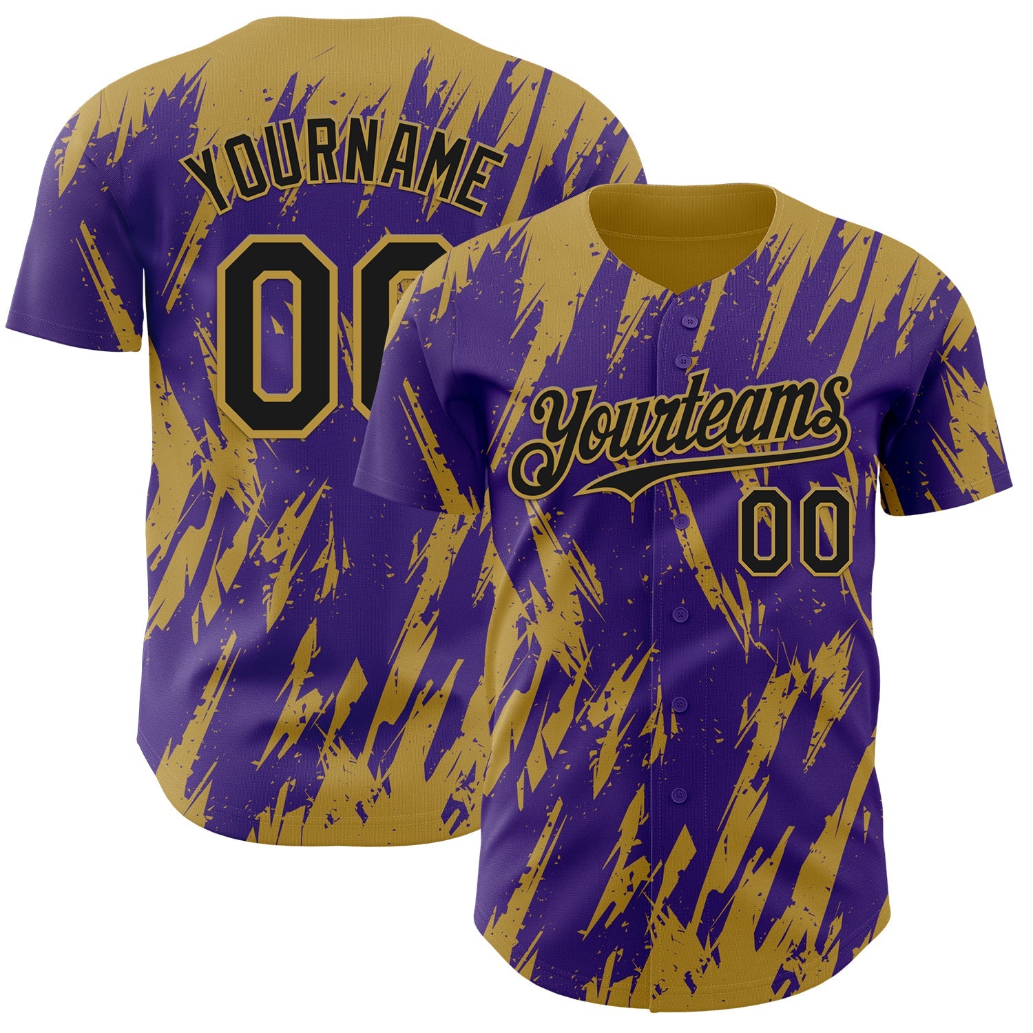 Custom Purple Old Gold Splatter Torn Sharp Brush Stroke Authentic Baseball Jersey - Main View