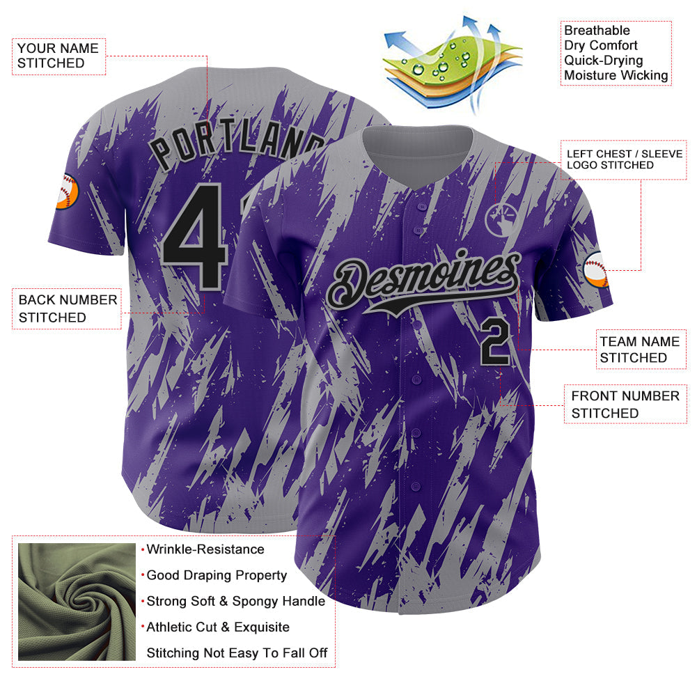Custom Purple Gray Splatter Torn Sharp Brush Stroke Authentic Baseball Jersey view 3