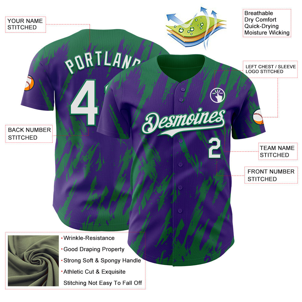 Custom Purple White-Kelly Green Splatter Torn Sharp Brush Stroke Authentic Baseball Jersey view 3