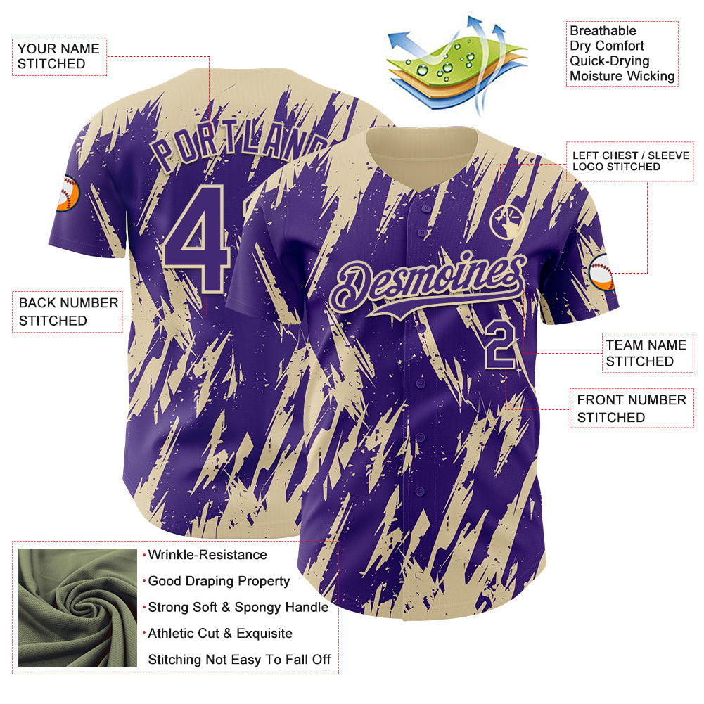 Custom Purple Cream Splatter Torn Sharp Brush Stroke Authentic Baseball Jersey view 3