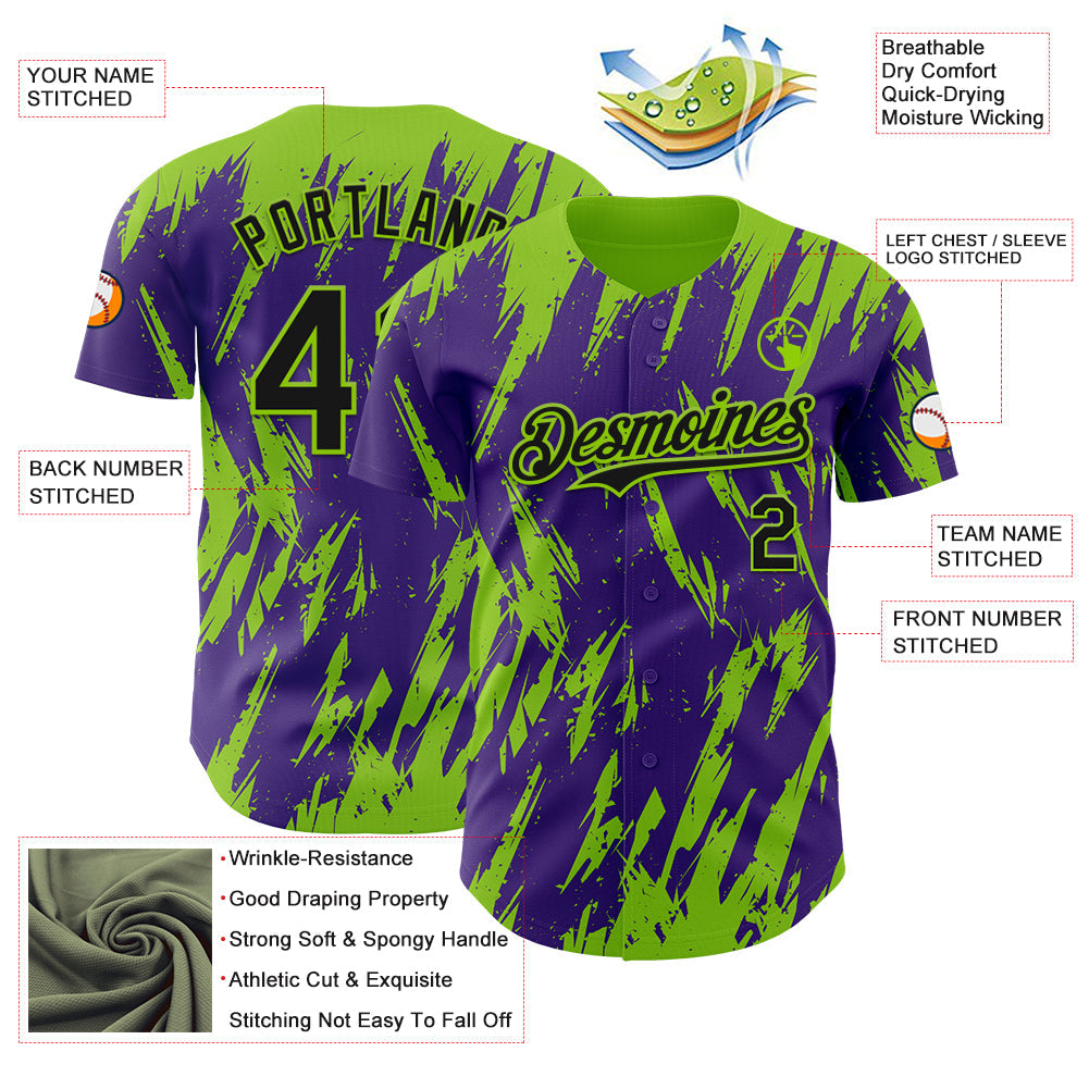 Custom Purple Neon Green Splatter Torn Sharp Brush Stroke Authentic Baseball Jersey view 3