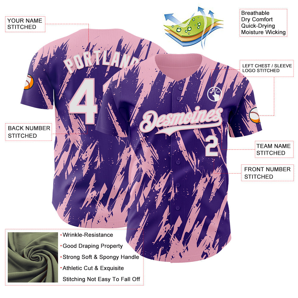 Custom Purple White-Light Pink Splatter Torn Sharp Brush Stroke Authentic Baseball Jersey view 3