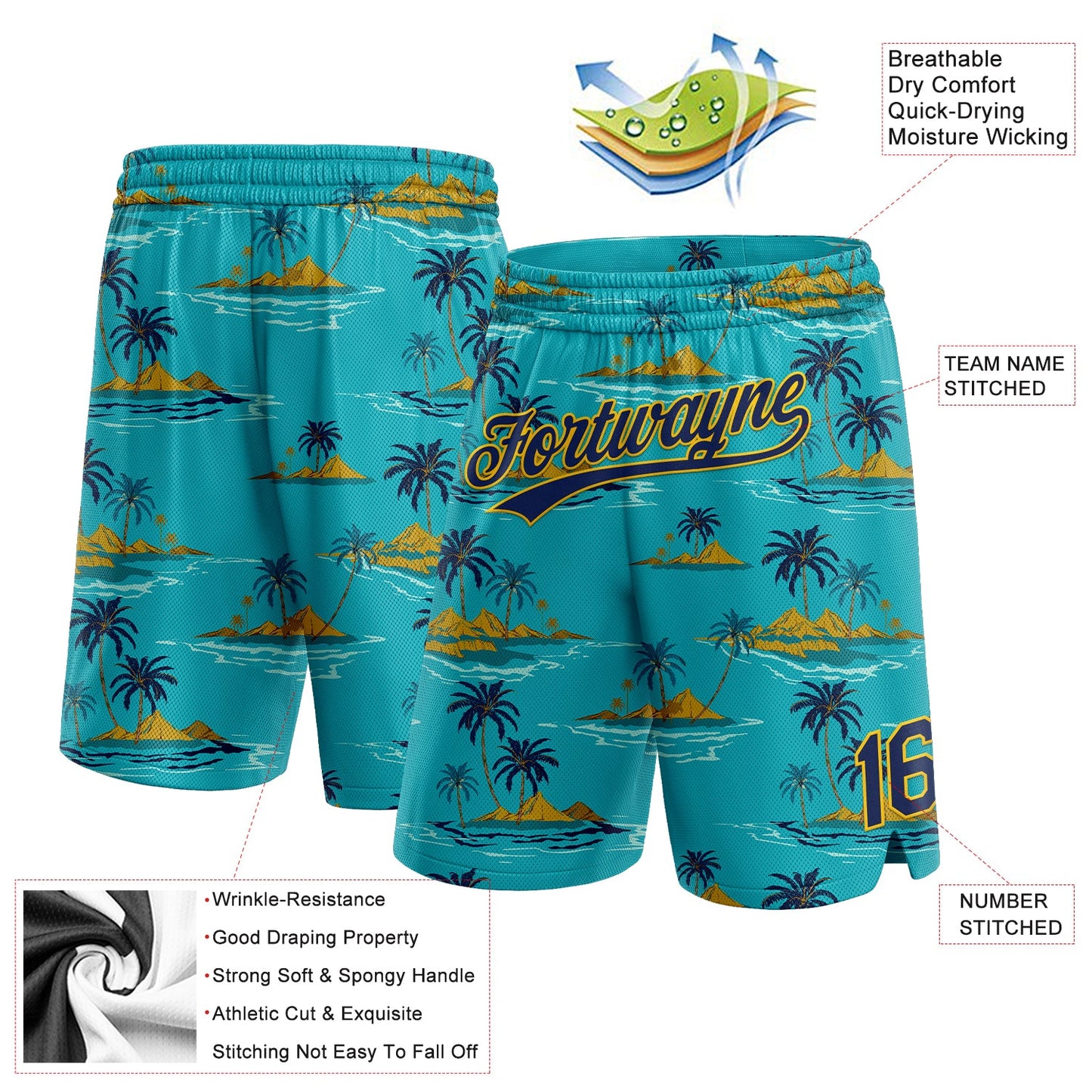 Custom Teal Navy-Yellow 3D Pattern Hawaii Palm Trees And Island Authentic Basketball Shorts view 2