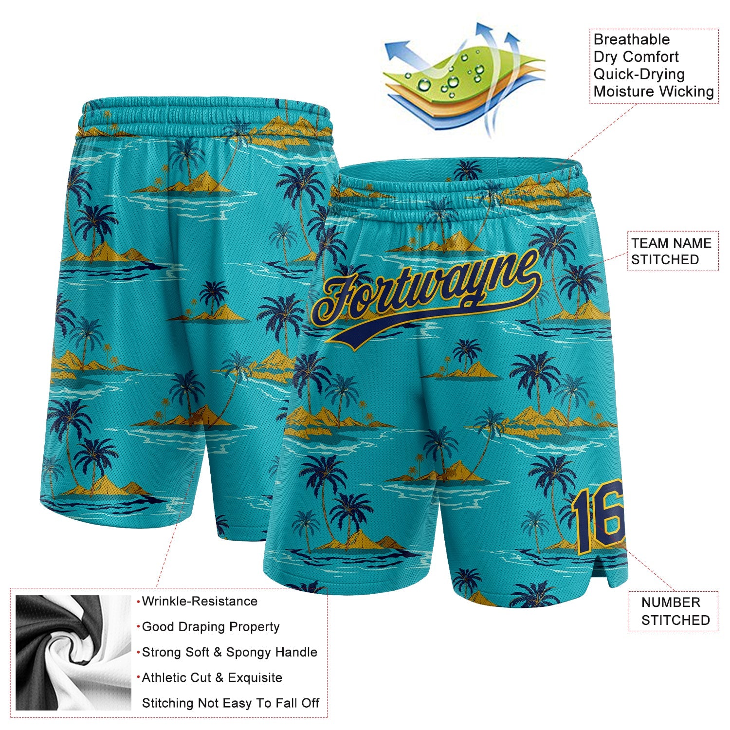 Custom Teal Navy-Yellow 3D Pattern Hawaii Palm Trees And Island Authentic Basketball Shorts view 2