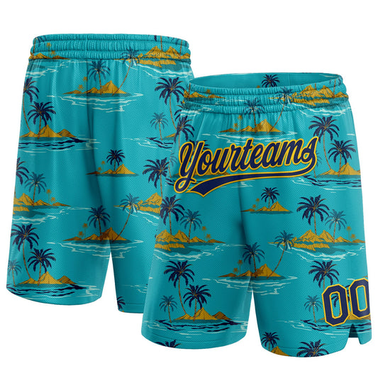 Custom Teal Navy-Yellow 3D Pattern Hawaii Palm Trees And Island Authentic Basketball Shorts - Main View