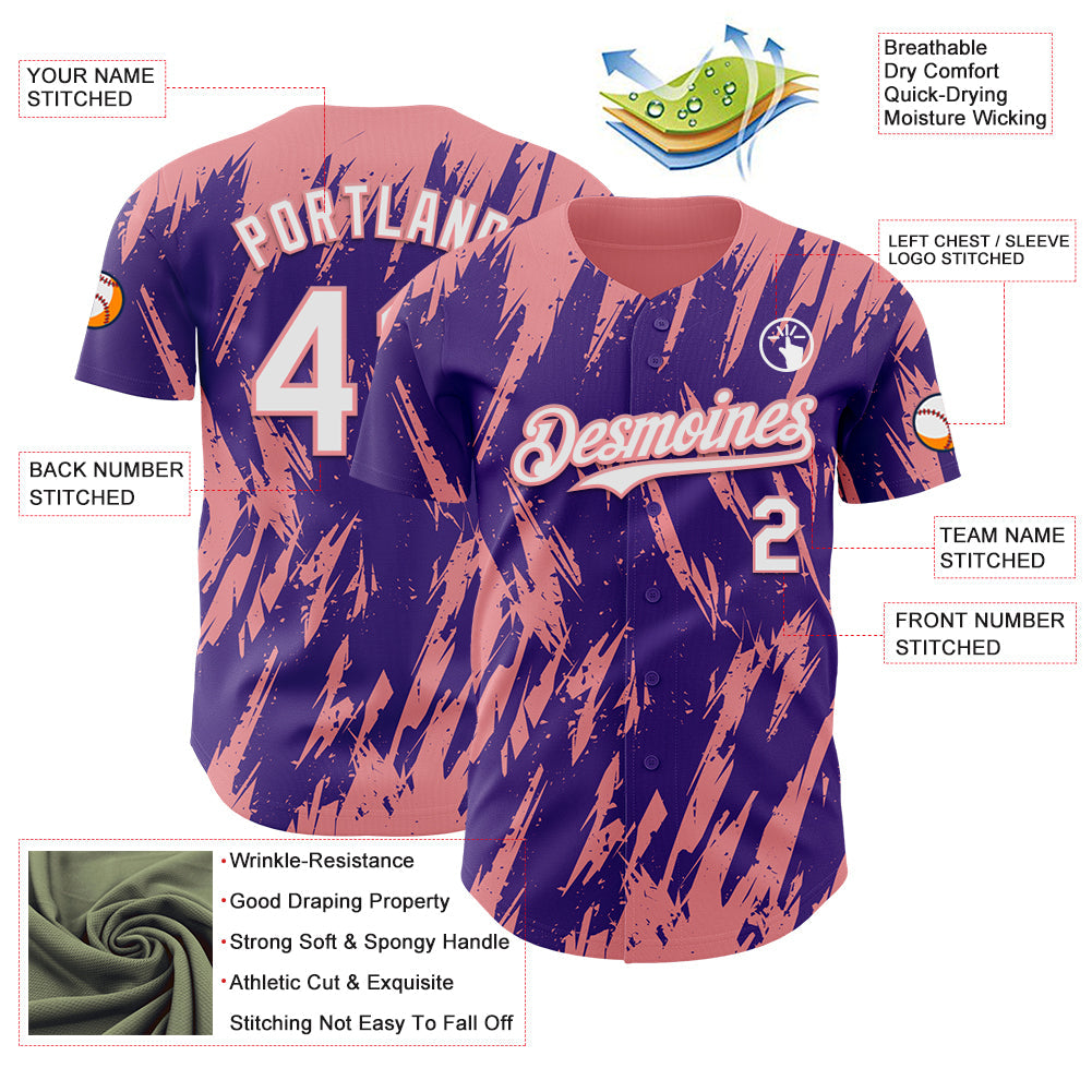Custom Purple White-Medium Pink Splatter Torn Sharp Brush Stroke Authentic Baseball Jersey view 3