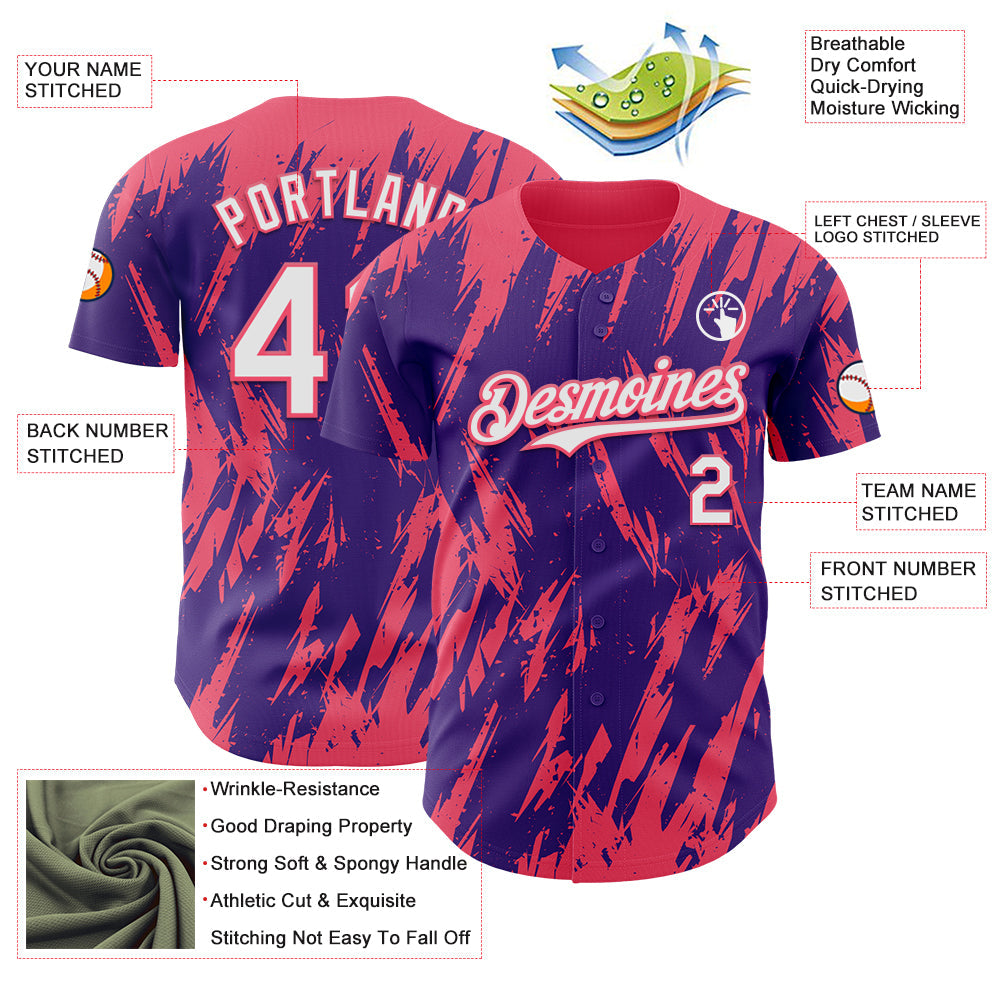 Custom Purple White-Neon Pink Splatter Torn Sharp Brush Stroke Authentic Baseball Jersey view 3