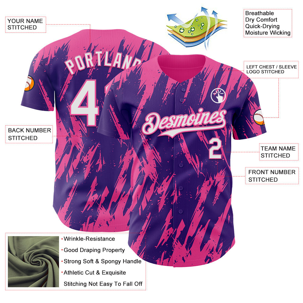 Custom Purple White-Pink Splatter Torn Sharp Brush Stroke Authentic Baseball Jersey view 3