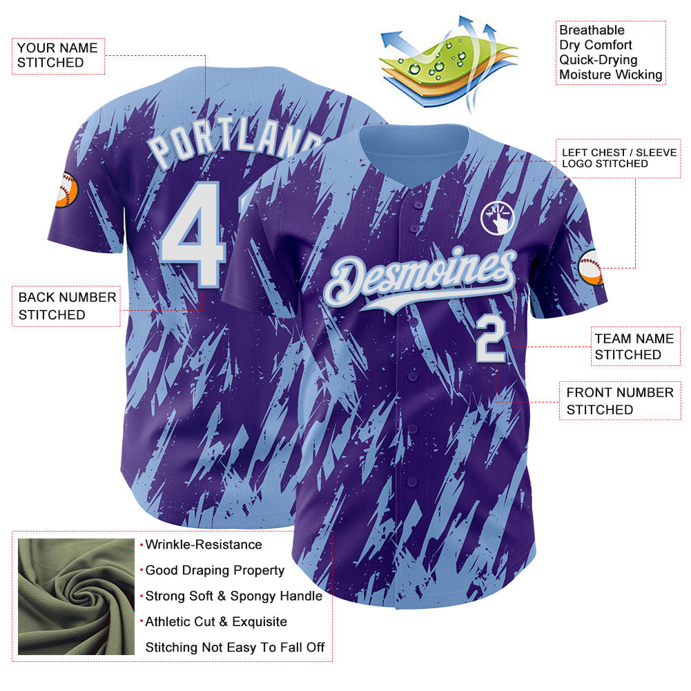 Custom Purple White-Light Blue Splatter Torn Sharp Brush Stroke Authentic Baseball Jersey view 3