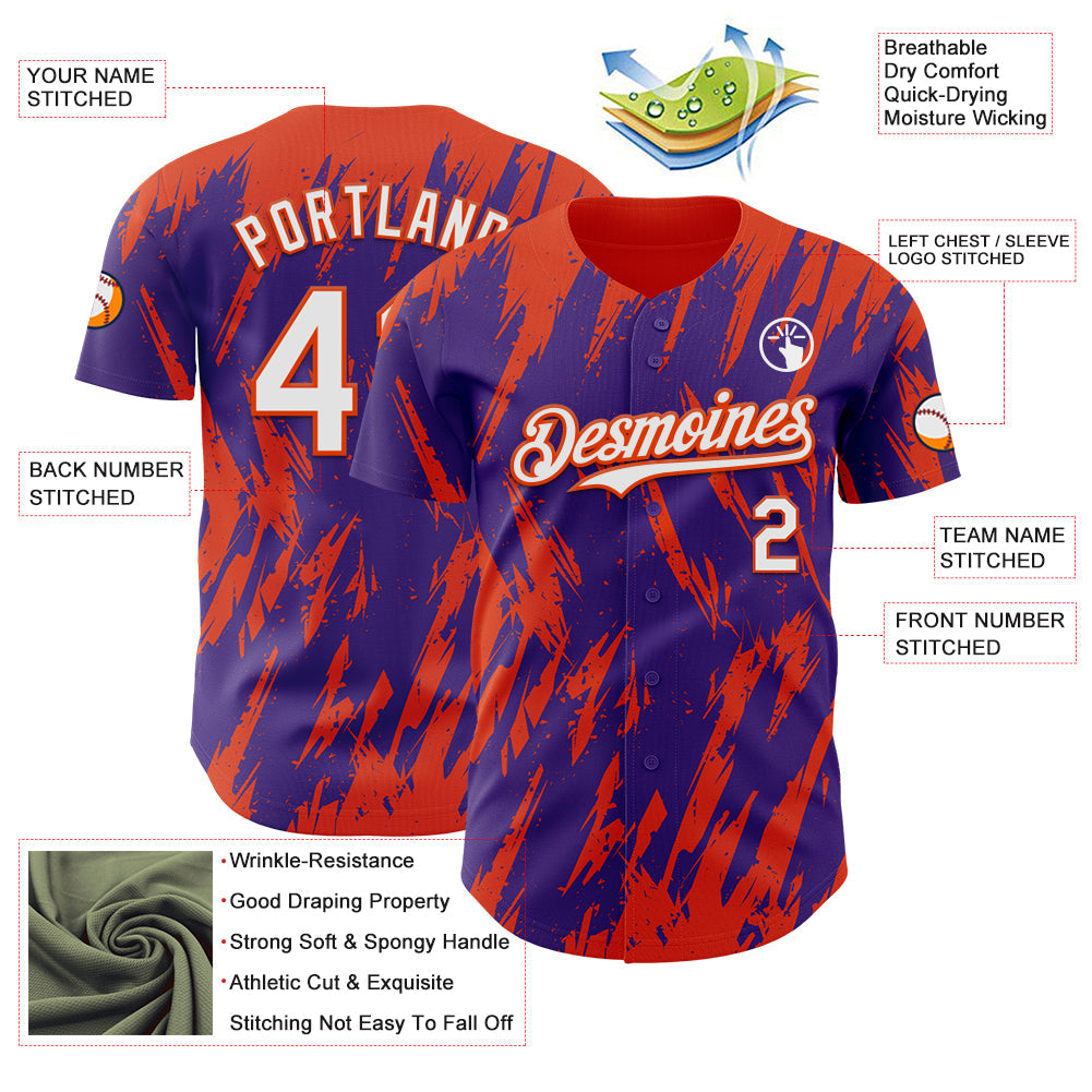 Custom Purple White-Orange Splatter Torn Sharp Brush Stroke Authentic Baseball Jersey view 3