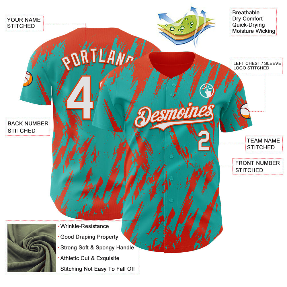 Custom Aqua White-Orange Splatter Torn Sharp Brush Stroke Authentic Baseball Jersey view 3