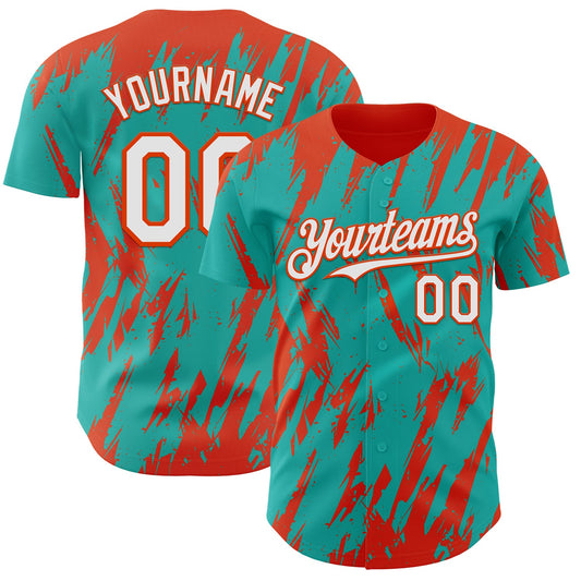 Custom Aqua White-Orange Splatter Torn Sharp Brush Stroke Authentic Baseball Jersey - Main View