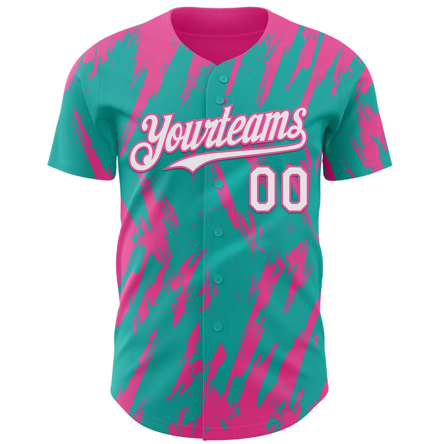 Custom Aqua White-Pink Splatter Torn Sharp Brush Stroke Authentic Baseball Jersey view 2