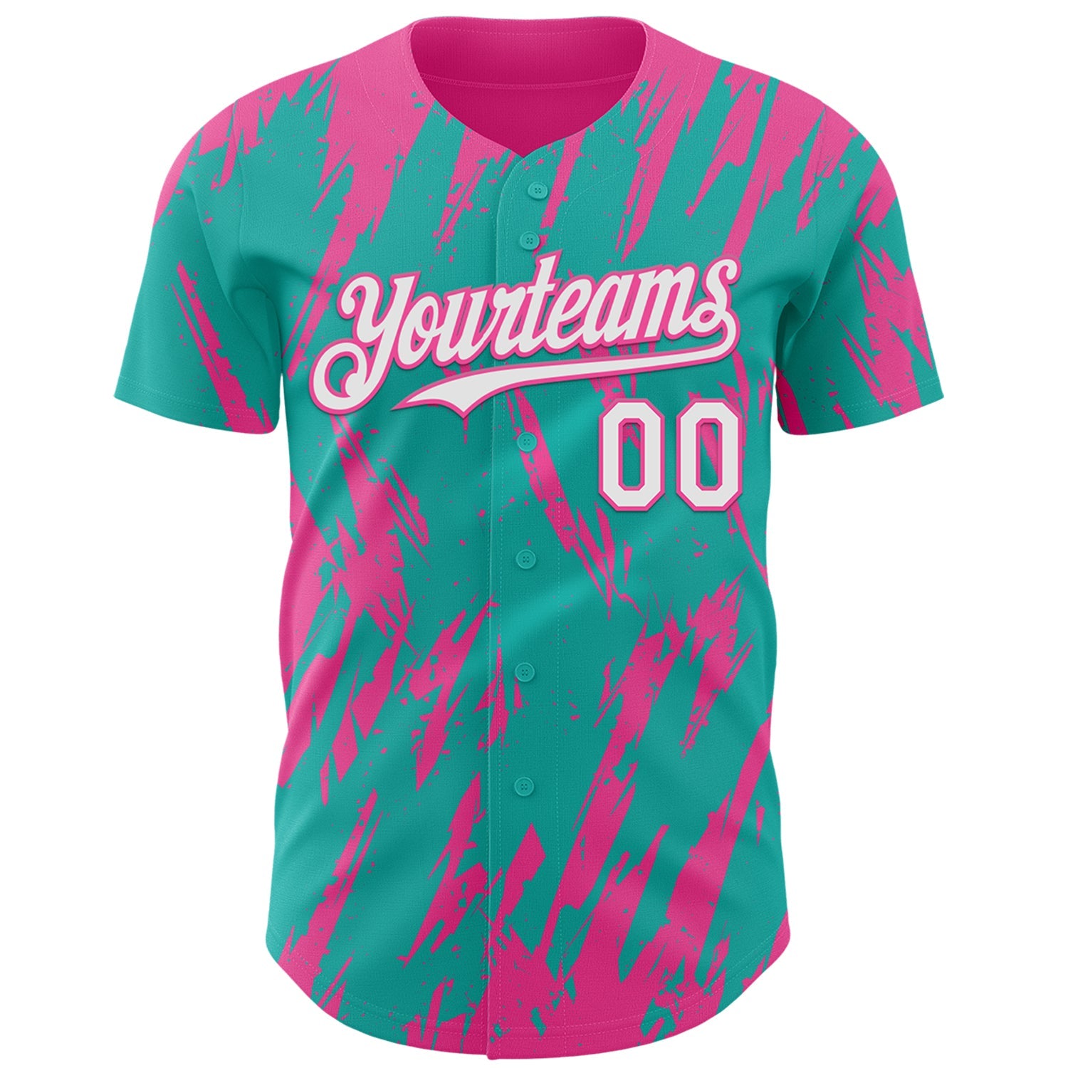 Custom Aqua White-Pink Splatter Torn Sharp Brush Stroke Authentic Baseball Jersey view 2