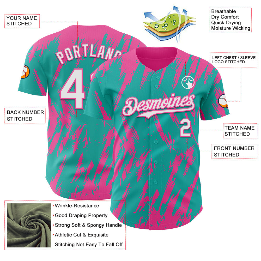 Custom Aqua White-Pink Splatter Torn Sharp Brush Stroke Authentic Baseball Jersey view 3