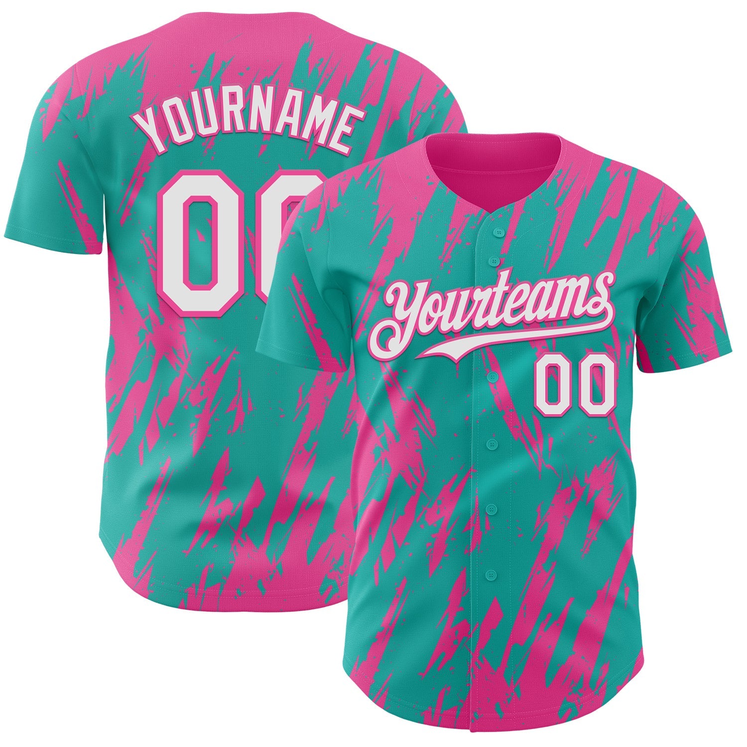 Custom Aqua White-Pink Splatter Torn Sharp Brush Stroke Authentic Baseball Jersey - Main View