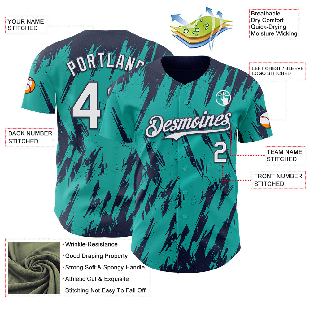 Custom Aqua White-Navy Splatter Torn Sharp Brush Stroke Authentic Baseball Jersey view 3