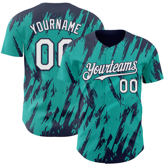 Custom Aqua White-Navy Splatter Torn Sharp Brush Stroke Authentic Baseball Jersey - Main View
