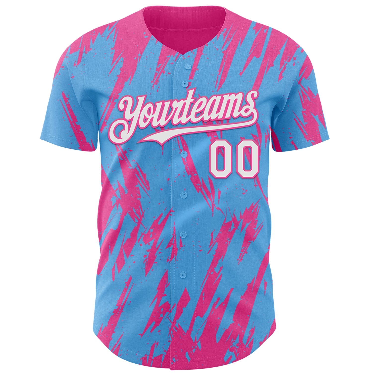 Custom Sky Blue White-Pink Splatter Torn Sharp Brush Stroke Authentic Baseball Jersey view 2
