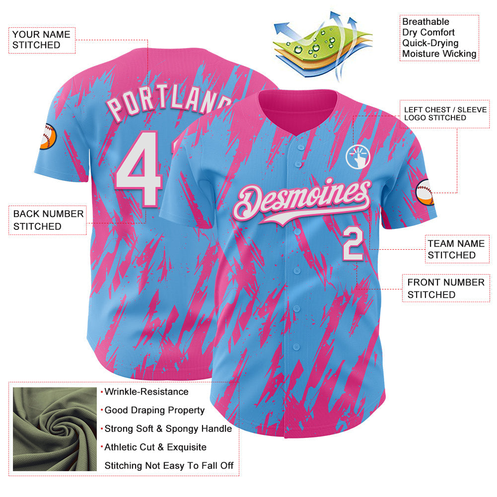 Custom Sky Blue White-Pink Splatter Torn Sharp Brush Stroke Authentic Baseball Jersey view 3