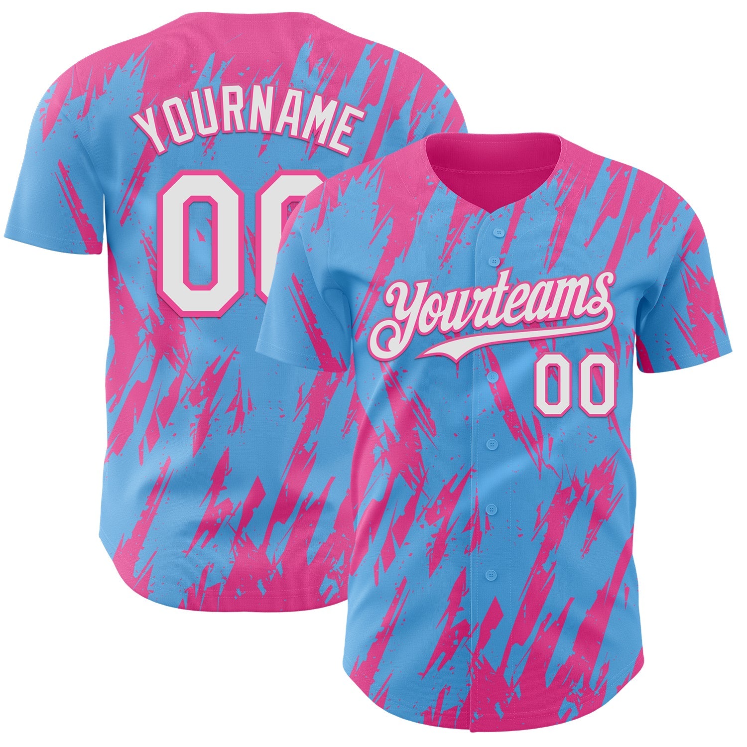 Custom Sky Blue White-Pink Splatter Torn Sharp Brush Stroke Authentic Baseball Jersey - Main View