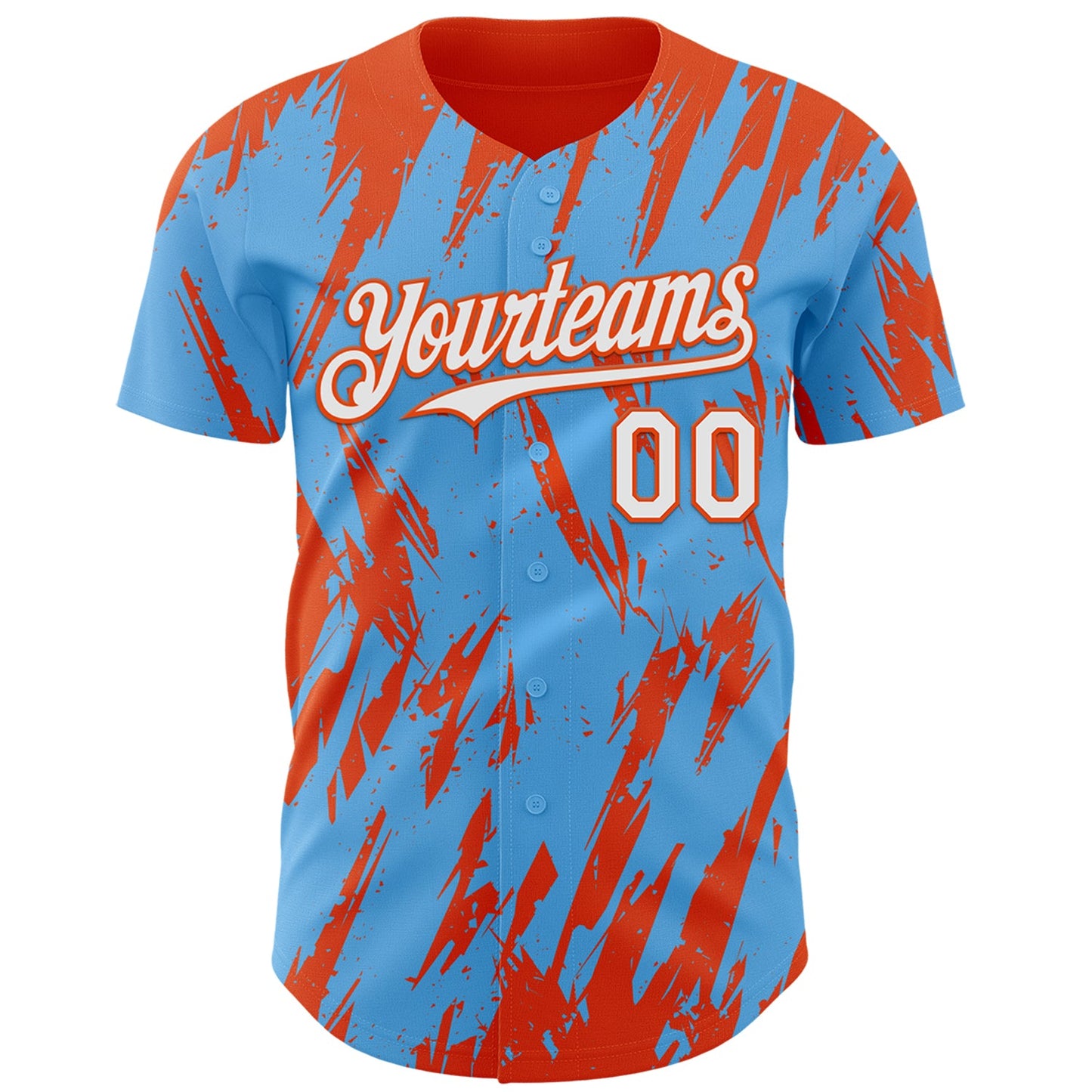 Custom Sky Blue White-Orange Splatter Torn Sharp Brush Stroke Authentic Baseball Jersey view 2