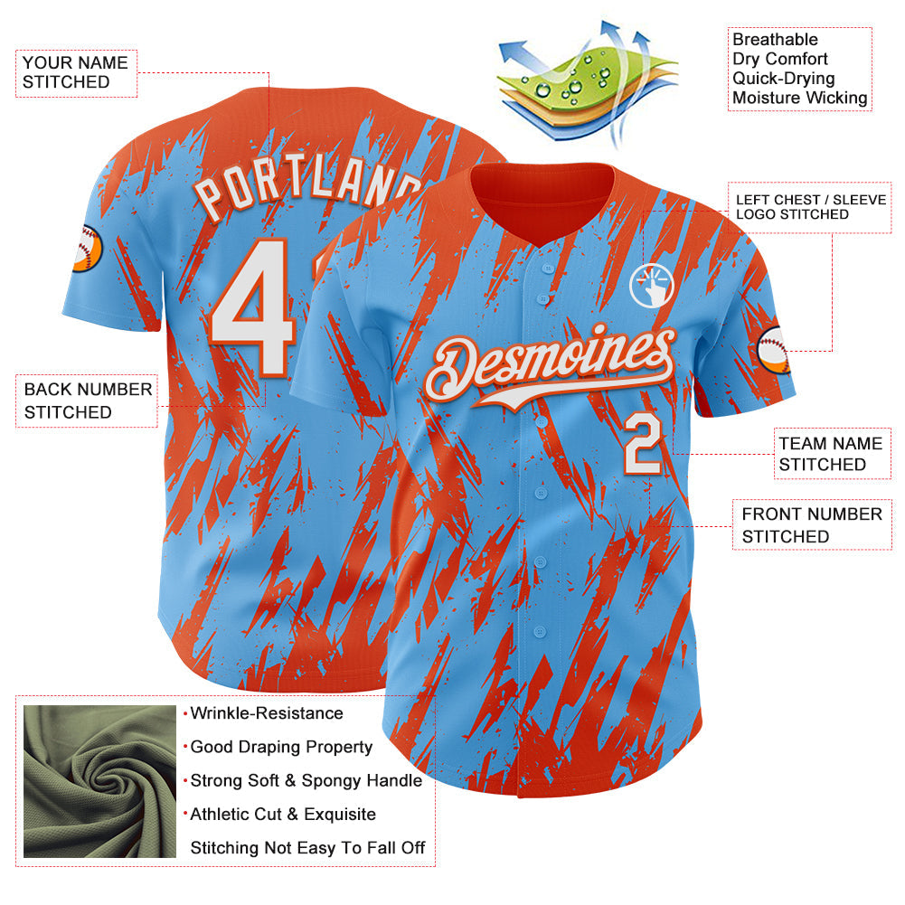 Custom Sky Blue White-Orange Splatter Torn Sharp Brush Stroke Authentic Baseball Jersey view 3