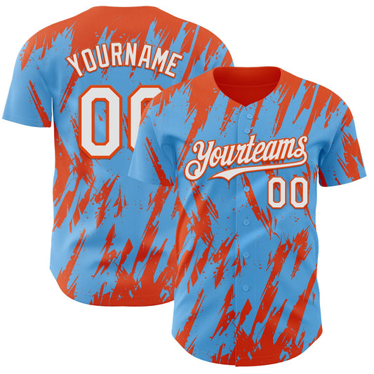 Custom Sky Blue White-Orange Splatter Torn Sharp Brush Stroke Authentic Baseball Jersey - Main View