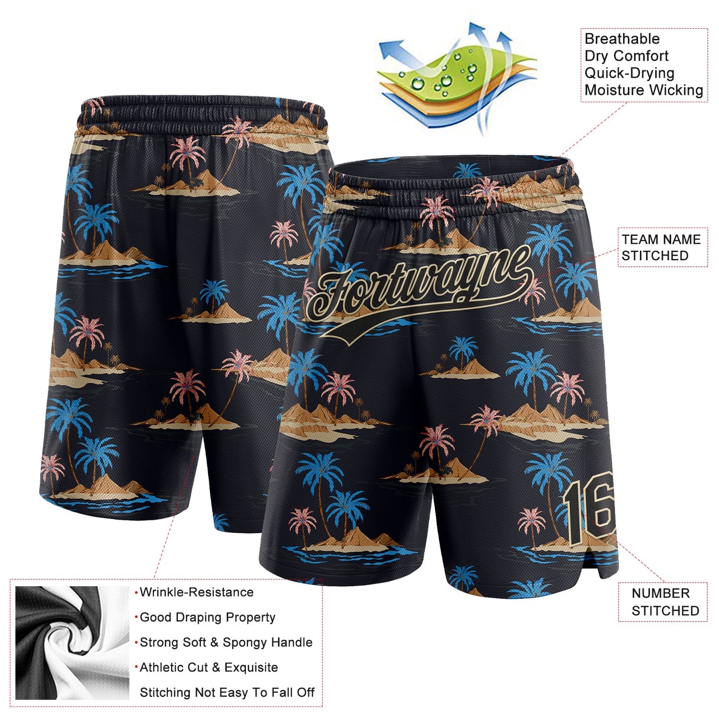 Custom Black City Cream 3D Pattern Hawaii Palm Trees And Island Authentic Basketball Shorts view 2