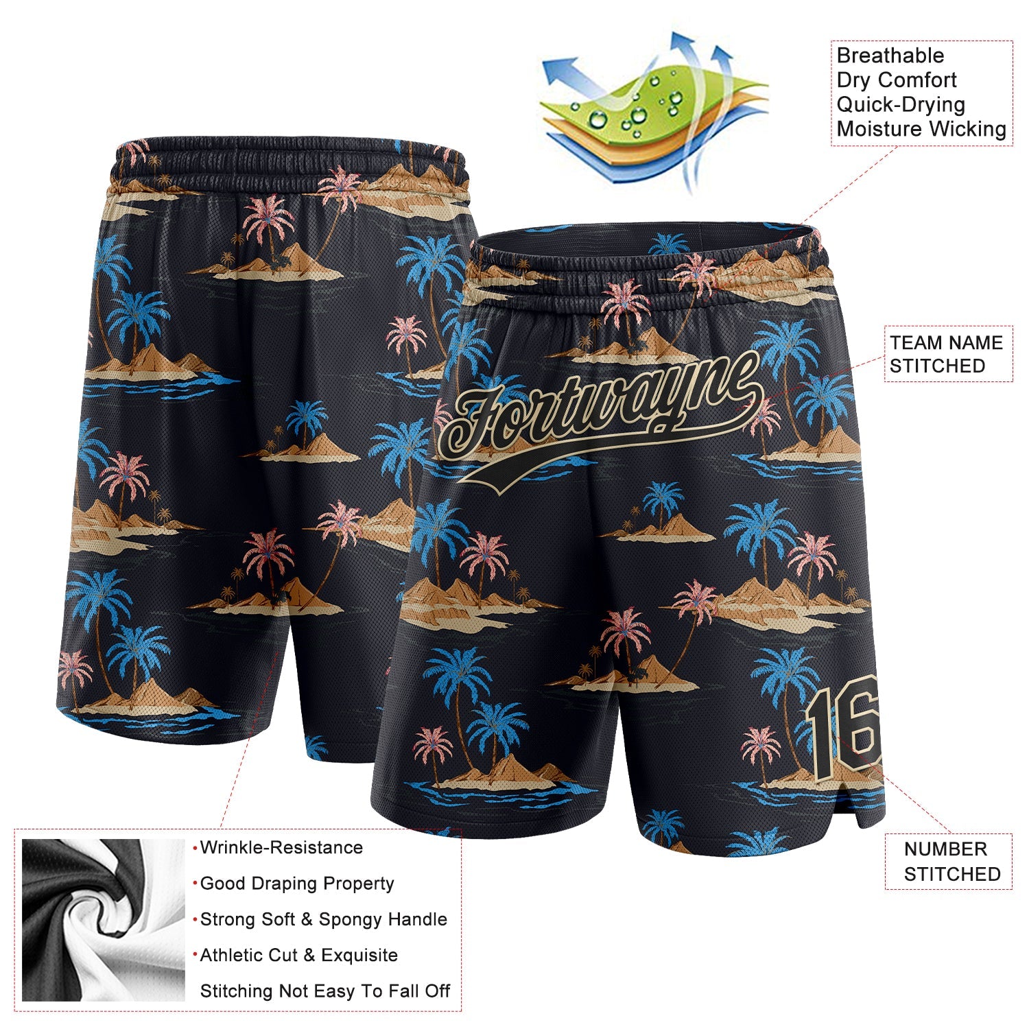 Custom Black City Cream 3D Pattern Hawaii Palm Trees And Island Authentic Basketball Shorts view 2