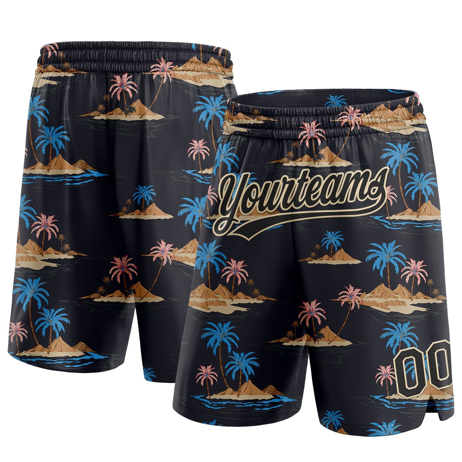 Custom Black City Cream 3D Pattern Hawaii Palm Trees And Island Authentic Basketball Shorts - Main View
