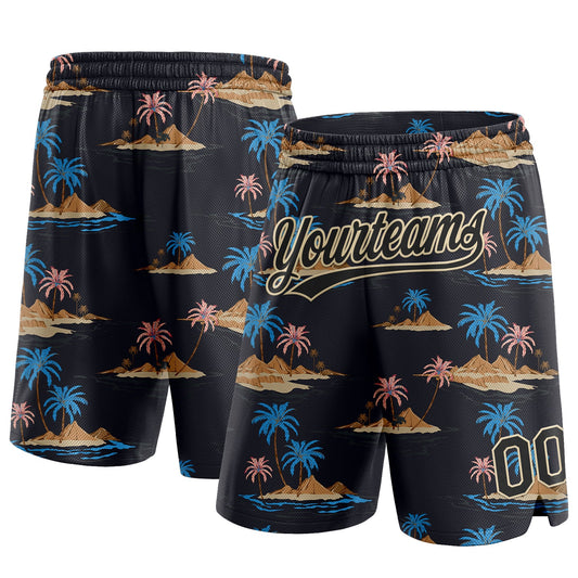 Custom Black City Cream 3D Pattern Hawaii Palm Trees And Island Authentic Basketball Shorts - Main View