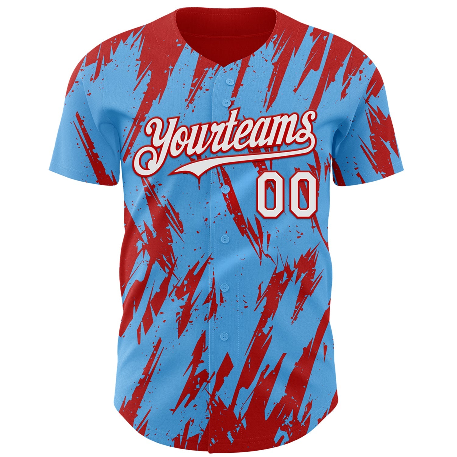 Custom Sky Blue White-Red Splatter Torn Sharp Brush Stroke Authentic Baseball Jersey view 2