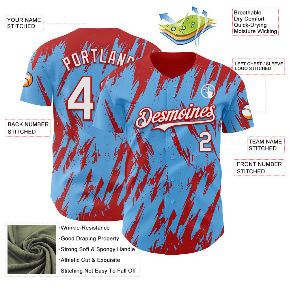 Custom Sky Blue White-Red Splatter Torn Sharp Brush Stroke Authentic Baseball Jersey view 3