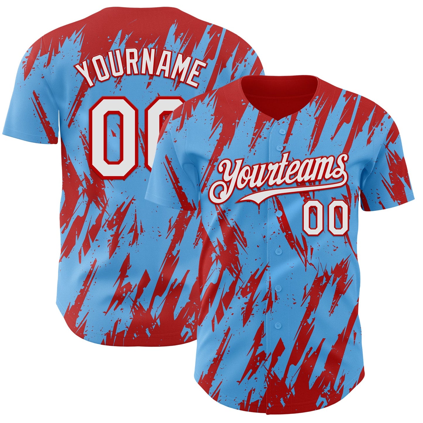 Custom Sky Blue White-Red Splatter Torn Sharp Brush Stroke Authentic Baseball Jersey - Main View