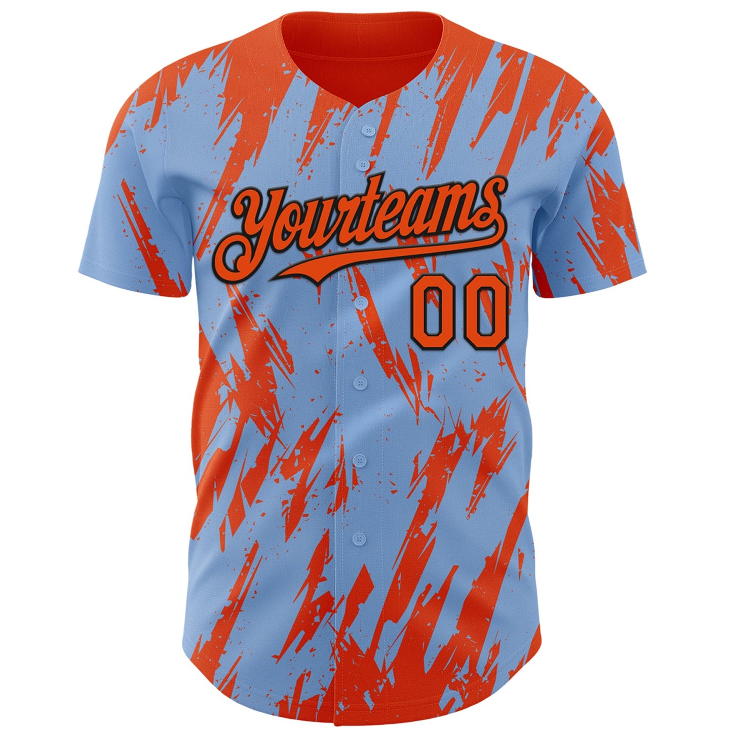 Custom Light Blue Orange-Black Splatter Torn Sharp Brush Stroke Authentic Baseball Jersey view 2