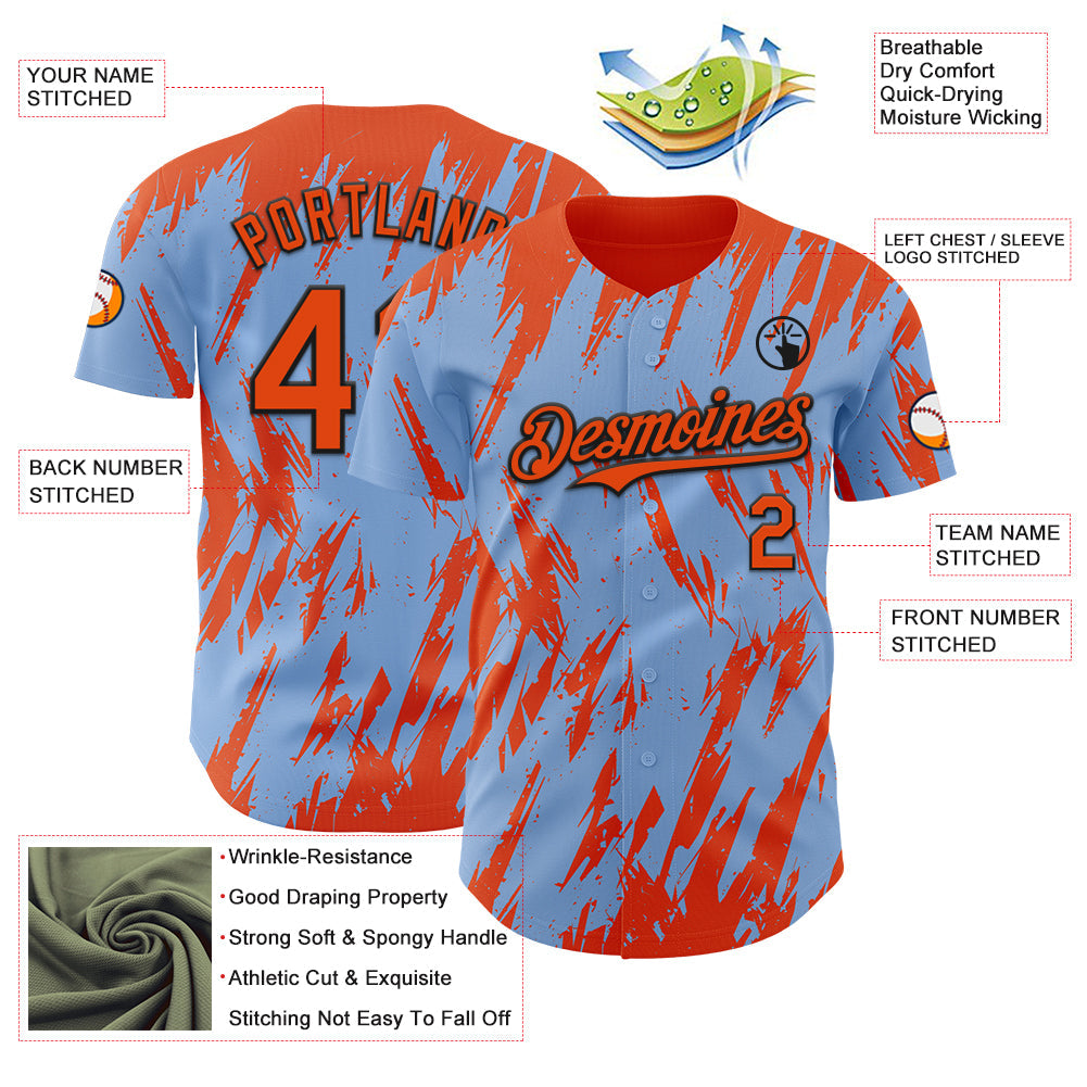 Custom Light Blue Orange-Black Splatter Torn Sharp Brush Stroke Authentic Baseball Jersey view 3