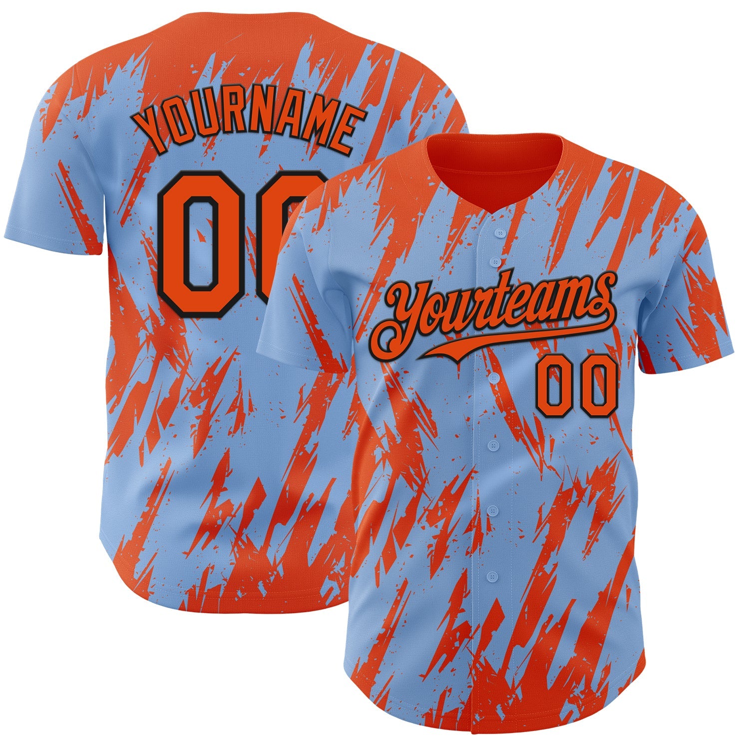 Custom Light Blue Orange-Black Splatter Torn Sharp Brush Stroke Authentic Baseball Jersey - Main View