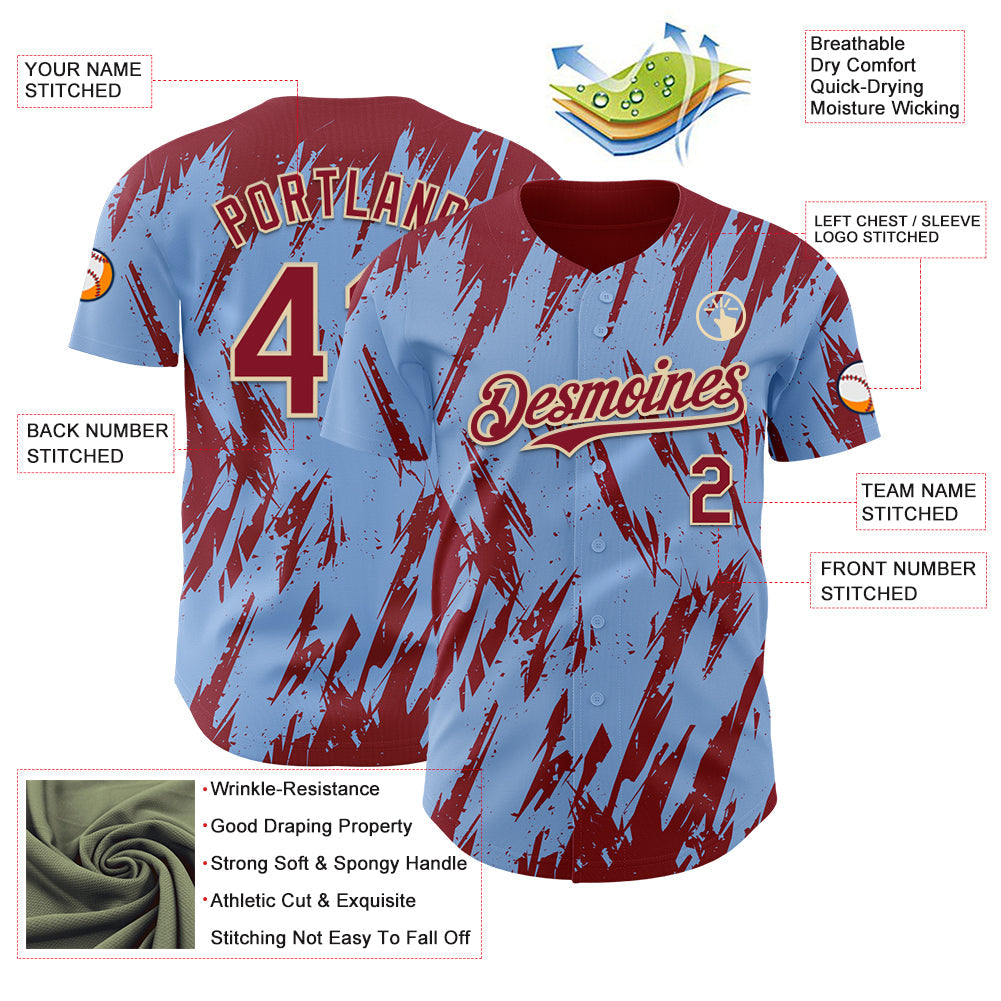 Custom Light Blue Crimson-Cream Splatter Torn Sharp Brush Stroke Authentic Baseball Jersey view 3