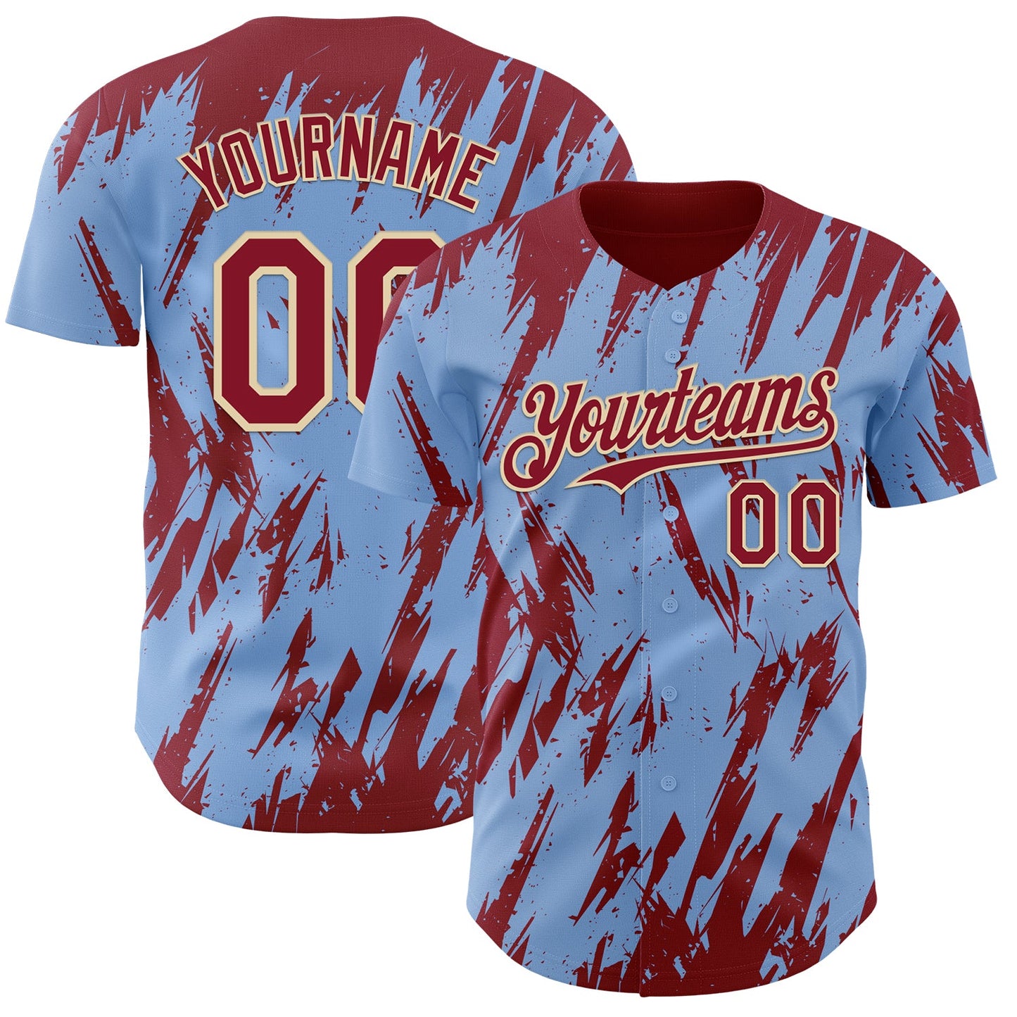 Custom Light Blue Crimson-Cream Splatter Torn Sharp Brush Stroke Authentic Baseball Jersey - Main View