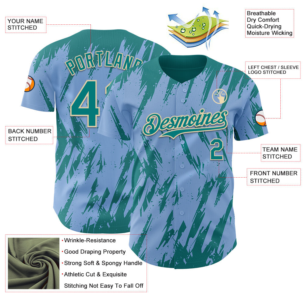 Custom Light Blue Teal-Cream Splatter Torn Sharp Brush Stroke Authentic Baseball Jersey view 3