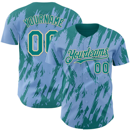 Custom Light Blue Teal-Cream Splatter Torn Sharp Brush Stroke Authentic Baseball Jersey - Main View